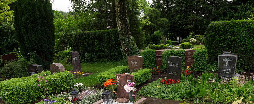 Grabsteine und Bepflanzung auf dem Friedhof Rellingen