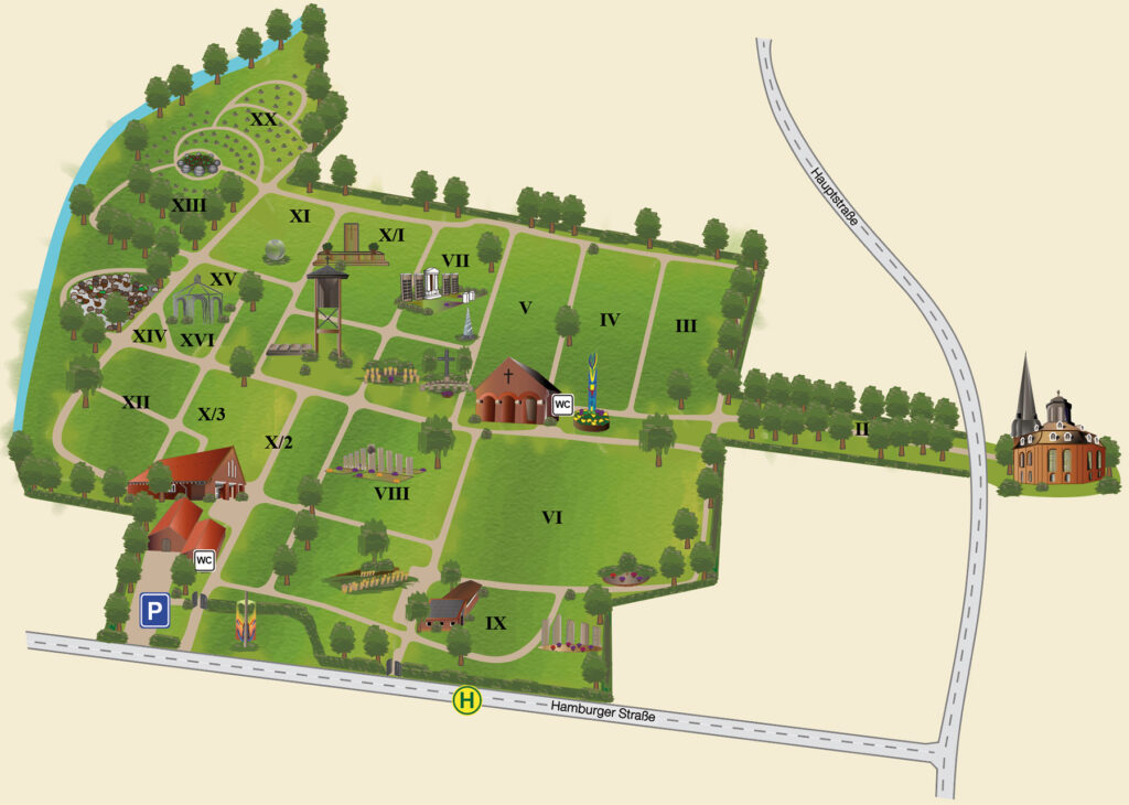 Illustration einer digitalen Karte des Friedhof Rellingen - Big Version